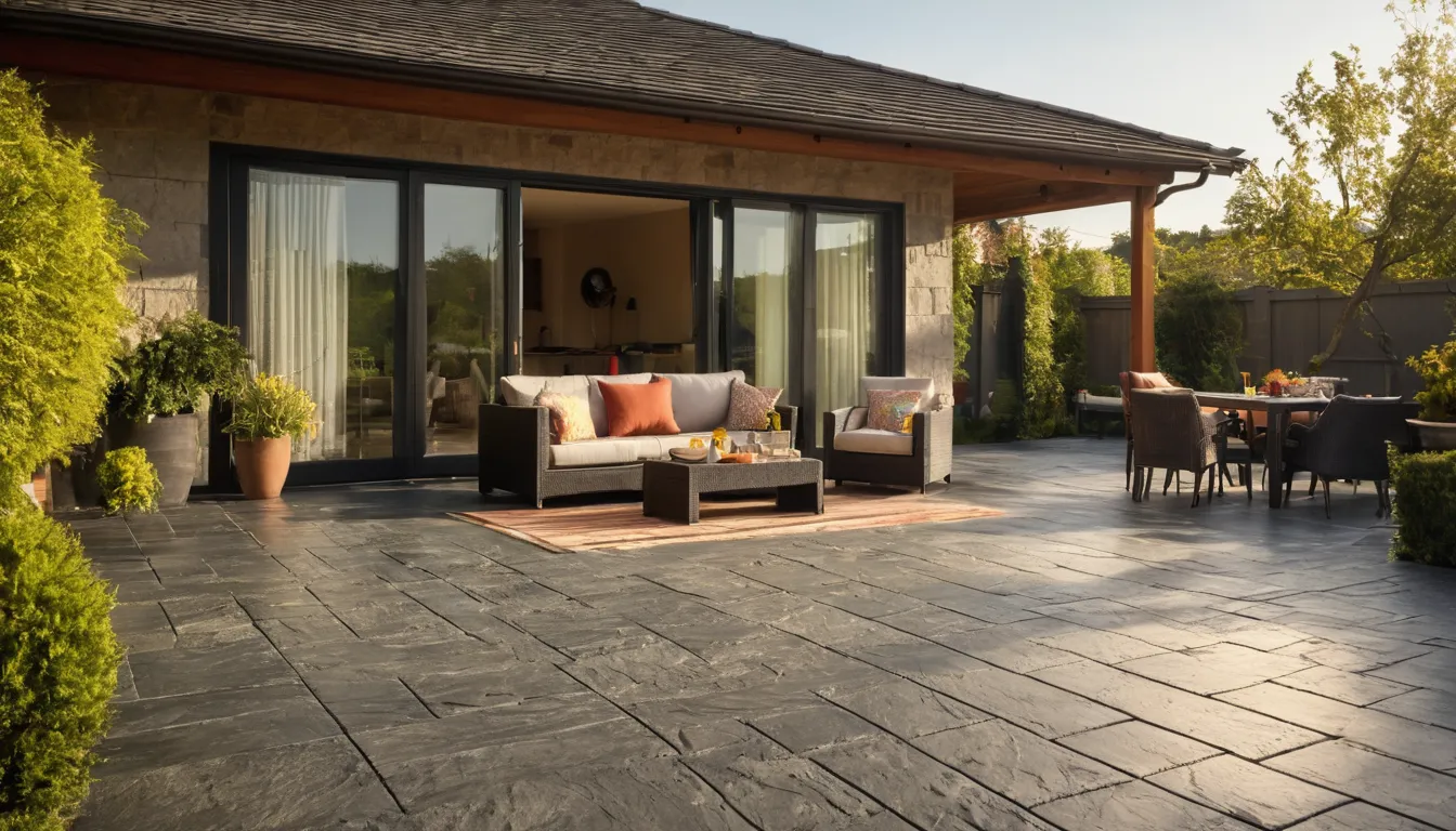 A stamped concrete patio in a Chicago backyard