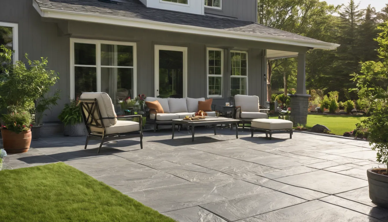 Stamped concrete patio with a slate pattern behind a family home in the Chicago area